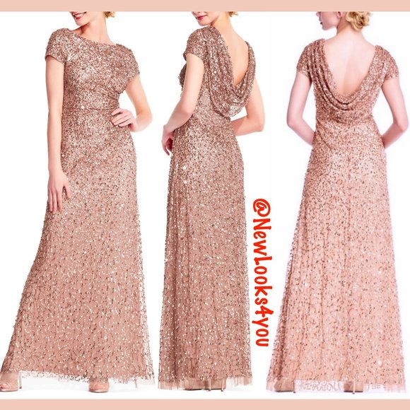 NWT $299 Adrianna Papell Sequin‎ Cowl Back Gown in Rose Gold [PETITE 2P ] - Picture 3 of 10
